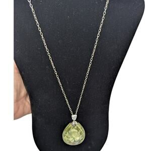 Signed C 1946 silver tone statement necklace green faceted drop floral design